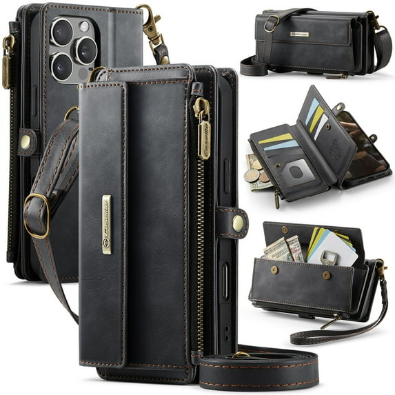 ELEHOLD Multi-Functional Wallet Case For iPhone 16 Plus, PU Leather Shockproof Card Slots Zipper Pocket Card Holder Phone Case with Detachable Shoulder Strap,Black