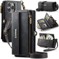 thumbnail image 1 of ELEHOLD Multi-Functional Wallet Case For iPhone 16e, PU Leather Shockproof Card Slots Zipper Pocket Card Holder Phone Case with Detachable Shoulder Strap,Black, 1 of 10