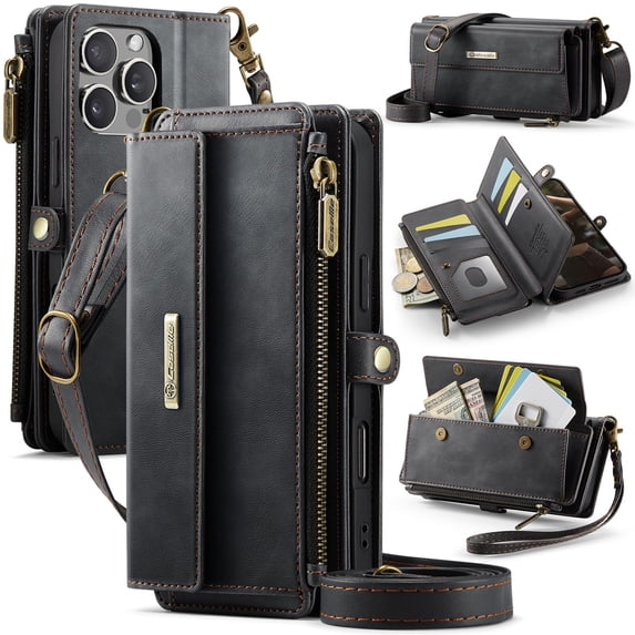 ELEHOLD Multi-Functional Wallet Case For iPhone 16e, PU Leather Shockproof Card Slots Zipper Pocket Card Holder Phone Case with Detachable Shoulder Strap,Black