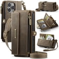 thumbnail image 1 of ELEHOLD Multi-Functional Wallet Case For iPhone 16e, PU Leather Shockproof Card Slots Zipper Pocket Card Holder Phone Case with Detachable Shoulder Strap,Coffee, 1 of 9