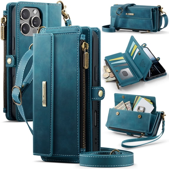 ELEHOLD Multi-Functional Wallet Case For iPhone 16e, PU Leather Shockproof Card Slots Zipper Pocket Card Holder Phone Case with Detachable Shoulder Strap,Green