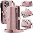 thumbnail image 1 of ELEHOLD Multi-Functional Wallet Case For iPhone 16e, PU Leather Shockproof Card Slots Zipper Pocket Card Holder Phone Case with Detachable Shoulder Strap,Pink, 1 of 10
