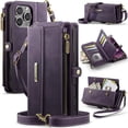 thumbnail image 1 of ELEHOLD Multi-Functional Wallet Case For iPhone 7 / 8 / SE 2022 & 2020, PU Leather Shockproof Card Slots Zipper Pocket Card Holder Phone Case with Detachable Shoulder Strap,Purple, 1 of 10