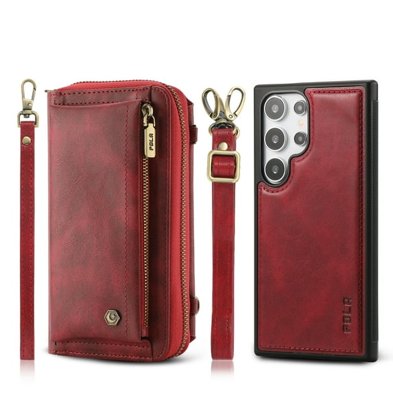 ELEHOLD Multi-Functional Wallet Phone Bag with Case for Samsung Galaxy S24 Ultra,Large Capacity 13 Card Slots Zipper Purse Detachable Case with Wriststrap Crossbody Strap for Samsung S24 Ultra,Red