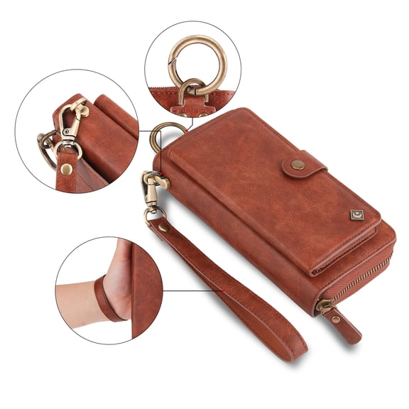 ELEHOLD Multi-Functional Wallet Phone Bag with Case for iPhone 15 Plus,Large Capacity Card Slots Zipper Purse Detachable Magnetic Case with Wristband Lanyard for iPhone 15 Plus 6.7 inch,Brown