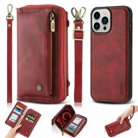 ELEHOLD Multi-Functional Wallet Phone Bag with Case for iPhone 15 Pro,Large Capacity 13 Card Slots Zipper Purse Detachable Case with Wriststrap Crossbody Shoulder Strap for iPhone 15 Pro,Red