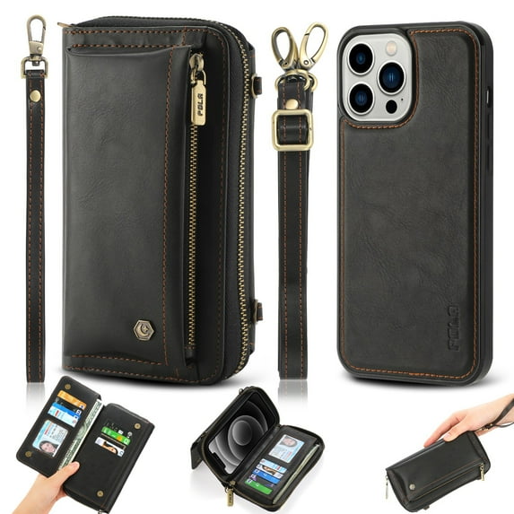 ELEHOLD Multi-Functional Wallet Phone Bag with Case for iPhone 15 Pro,Large Capacity 13 Card Slots Zipper Purse Detachable Case with Wriststrap Crossbody Shoulder Strap for iPhone 15 Pro,Black