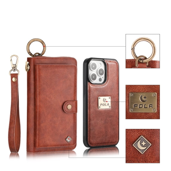 ELEHOLD Multi-Functional Wallet Phone Bag with Case for iPhone 15 Pro,Large Capacity Card Slots Zipper Purse Detachable Magnetic Case with Wristband Lanyard for iPhone 15 Pro 6.1 inch,Brown