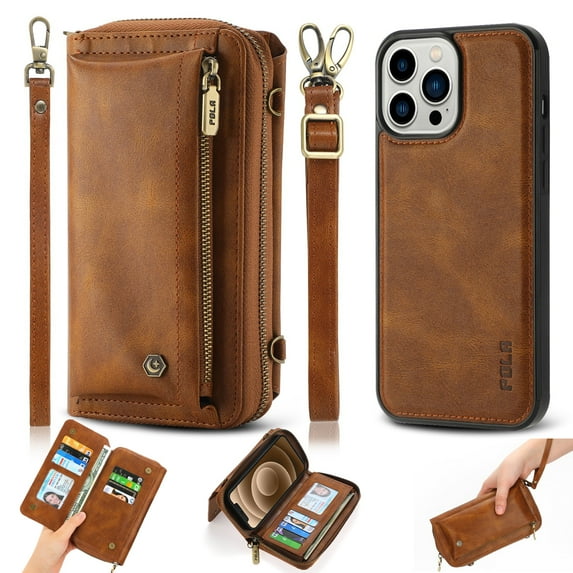 ELEHOLD Multi-Functional Wallet Phone Bag with Case for iPhone 15 Pro Max,Large Capacity 13 Card Slots Zipper Purse Detachable Case with Wriststrap Crossbody Shoulder Strap for iPhone 15 Pro Max,Brown
