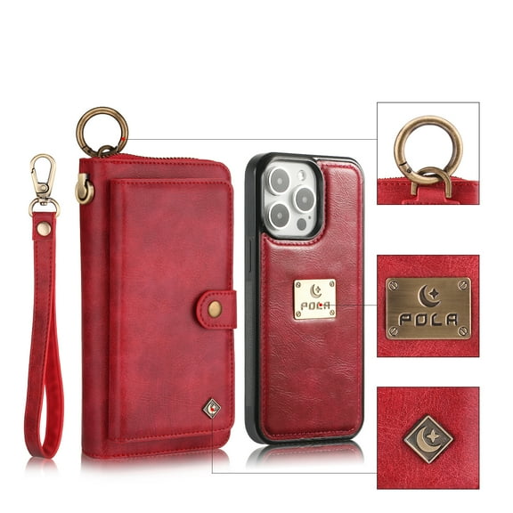 ELEHOLD Multi-Functional Wallet Phone Bag with Case for iPhone 16,Large Capacity Card Slots Zipper Purse Detachable Magnetic Case with Wristband Lanyard for iPhone 16 ,Red