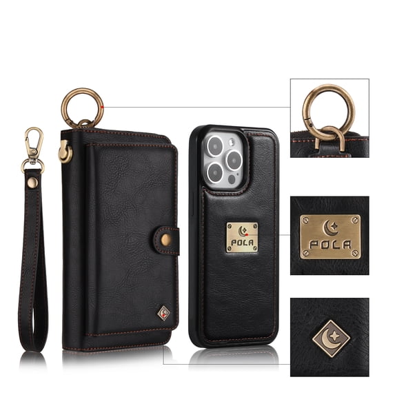 ELEHOLD Multi-Functional Wallet Phone Bag with Case for iPhone 16,Large Capacity Card Slots Zipper Purse Detachable Magnetic Case with Wristband Lanyard for iPhone 16,Black