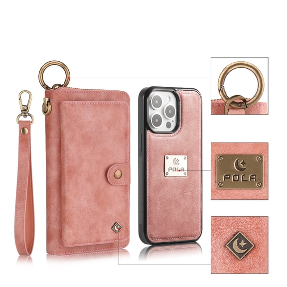 ELEHOLD Multi-Functional Wallet Phone Bag with Case for iPhone 16,Large Capacity Card Slots Zipper Purse Detachable Magnetic Case with Wristband Lanyard for iPhone 16,Pink