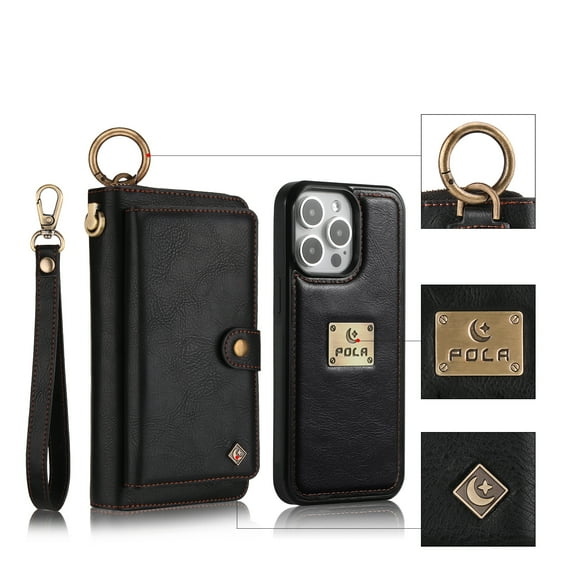 ELEHOLD Multi-Functional Wallet Phone Bag with Case for iPhone 16 Pro Max,Large Capacity Card Slots Zipper Purse Detachable Magnetic Case with Wristband Lanyard for iPhone 16 Pro Max,Black