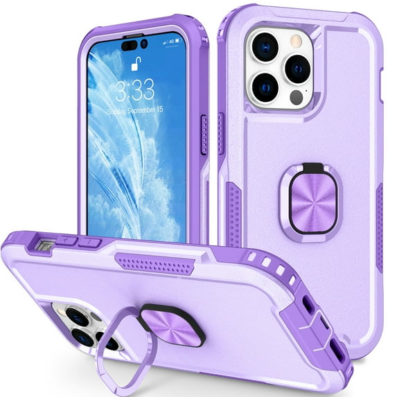 ELEHOLD Multi-layer Rugged Case for iPhone 14 Pro Max 6.7 inch,Hard PC+Soft TPU with Shockproof Magnetic Car Mount Kickstand Camera Protection Finger Ring Holder Case for iPhone14 Pro Max ,Purple