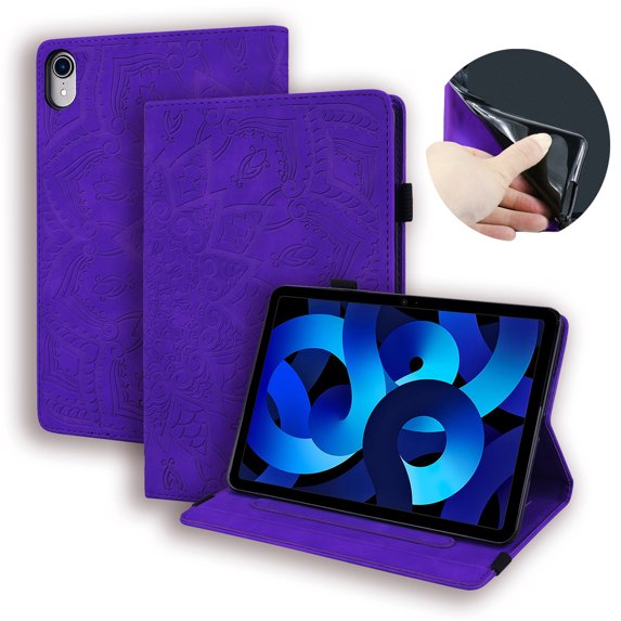 ELEHOLD Muti-Functional Flip Leather Case for iPad 10th Gen 10.9 2022 with Embossed Flower Card Slots Holders Kickstand Anti-Scratch Shockproof Business Men Women Case,Purple