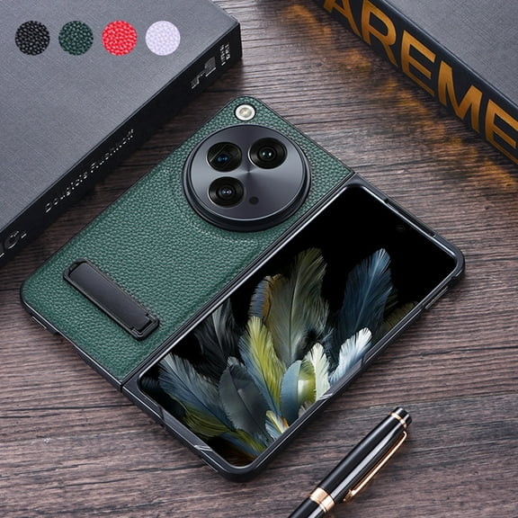 ELEHOLD for One Plus Open Leather Case Premium Lychee Texture Slim Lightweight Shockproof Cover with Folding Invisible Kickstand Anti-Scratch Case for One Plus Open,Green