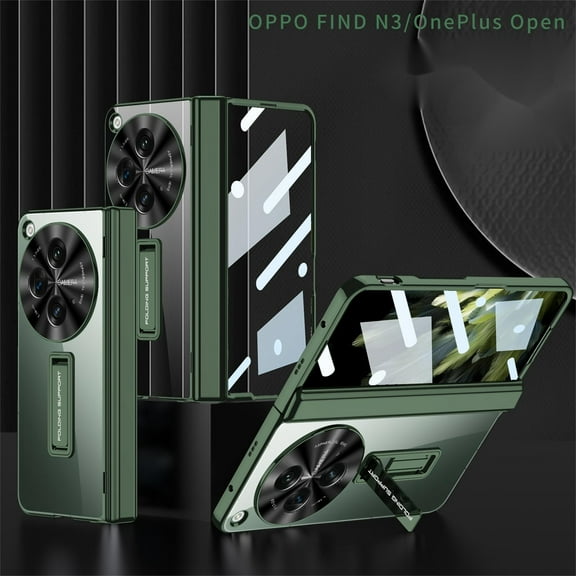 ELEHOLD for One Plus Open Plating Clear Case with Screen Protector,Hidden Kickstand Magnetic Hinge Protection All-Inclusive Lens Protection Full Body Shockproof Cover for OnePlus Open,Darkgreen