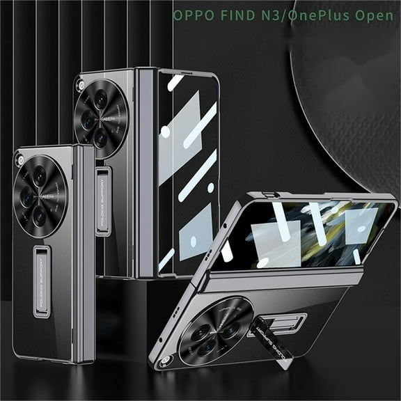 ELEHOLD for One Plus Open Plating Clear Case with Screen Protector,Hidden Kickstand Magnetic Hinge Protection All-Inclusive Lens Protection Full Body Shockproof Cover for OnePlus Open,Black