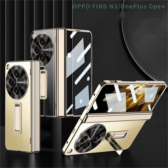 ELEHOLD for One Plus Open Plating Clear Case with Screen Protector,Hidden Kickstand Magnetic Hinge Protection All-Inclusive Lens Protection Full Body Shockproof Cover for OnePlus Open,Gold