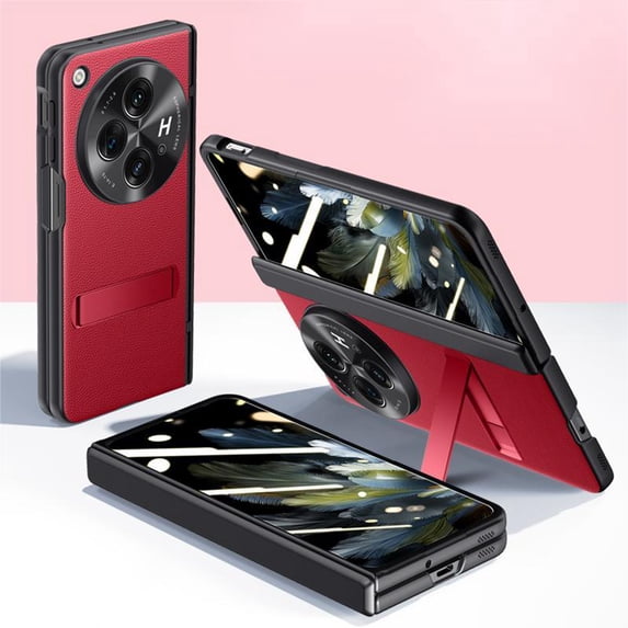 ELEHOLD for One Plus Open Rugged Case, Leather Texture Full Protection Case with Spring Hinge Protection Hidden Kickstand Built-in Screen Protector Shockproof Case for One Plus Open, Red