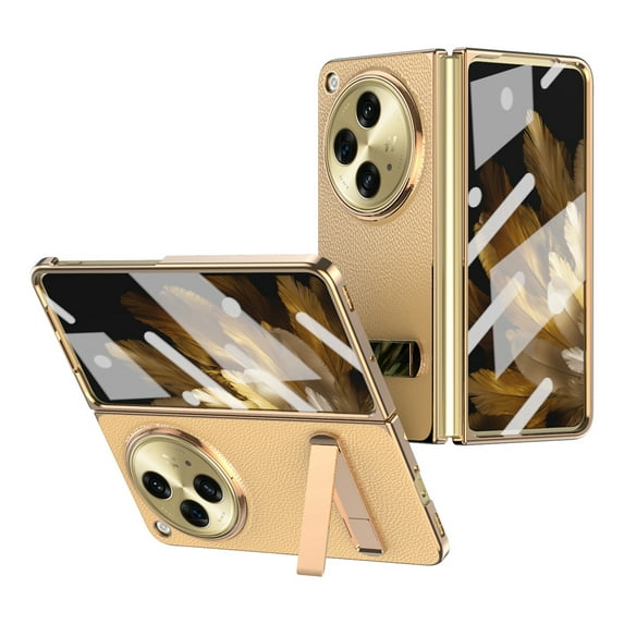 ELEHOLD for One Plus Open Rugged Full Body Case,Premium Lychee Texture PU Leather Cover with Built-in Front Screen Protector Metal Foldable Kickstand Shockproof Phone Case for One Plus Open - Gold