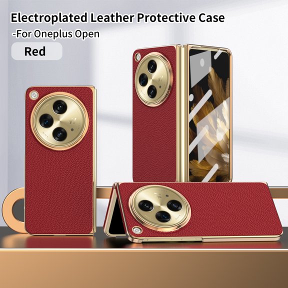 ELEHOLD for One Plus Open Rugged Full Body Case,Premium Lychee Texture PU Leather Cover with Built-in Front Screen Protector Shockproof Anti-Scratch Phone Case for One Plus Open - Red