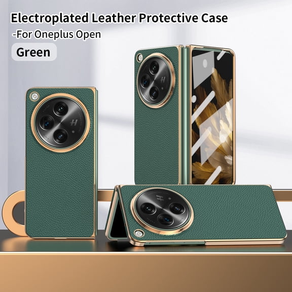 ELEHOLD for One Plus Open Rugged Full Body Case,Premium Lychee Texture PU Leather Cover with Built-in Front Screen Protector Shockproof Anti-Scratch Phone Case for One Plus Open - Green