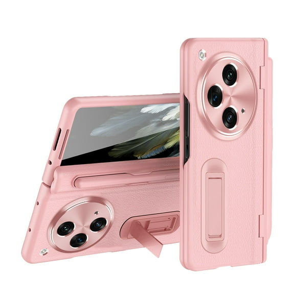 ELEHOLD for OnePlus Open Rugged Case,Hybrid PU Leather Hard PC Cover with Hinge Protection Screen Protector Stylus Pen Foldable Bracket Kickstand Shockproof Case for OnePlus Open,Pink