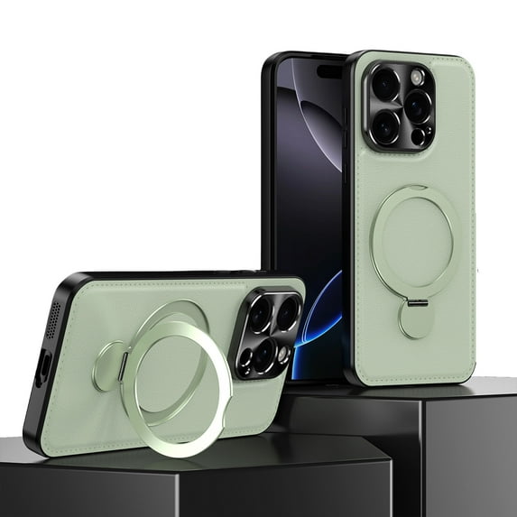 ELEHOLD PU Leather Case For iPhone 16e Shockproof MagSafe Compatible Cover, with 360° Rotatable Ring Kickstand, Alloy Camera Lens Protection, Green