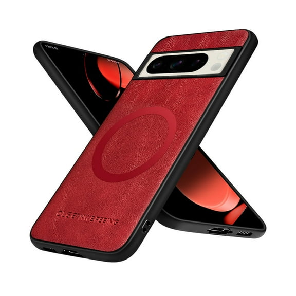 ELEHOLD PU Leather Case For Google Pixel 8 Pro Slim Magnetic Shockproof Cover, [MagSafe Compatible], [Lens&Screen Protection], Drop protection Case - Winered