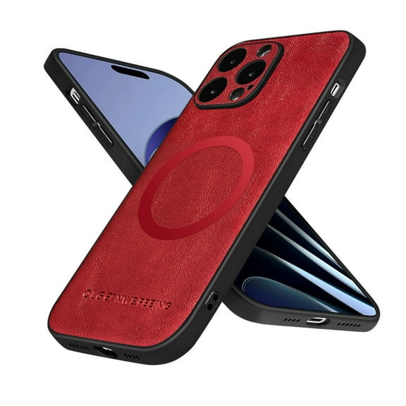 ELEHOLD PU Leather Case For iPhone 14 Pro Max Slim Magnetic Shockproof Cover, [MagSafe Compatible], [Lens&Screen Protection], Drop protection Case - Winered