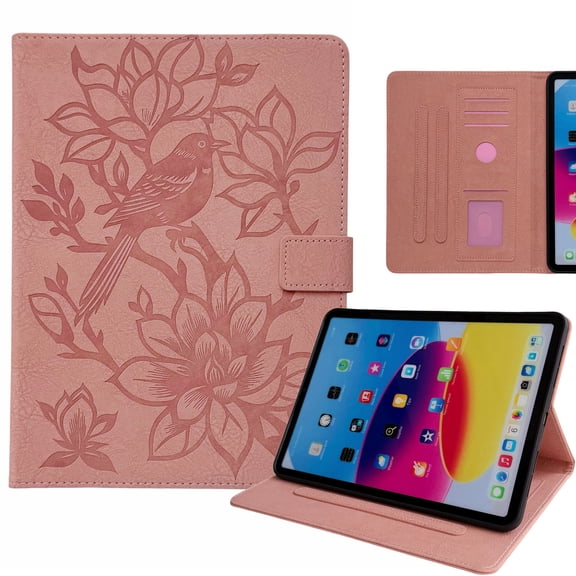 ELEHOLD PU Leather Embossed Floral Pattern Leather Folio Kickstand Case with Card Slots For Samsung Galaxy Tab S10/S9/S8/S7, Pink