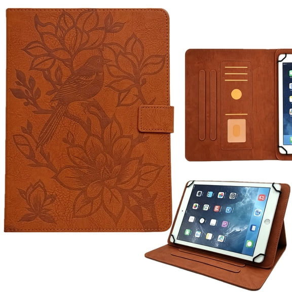 ELEHOLD PU Leather Embossed Floral Pattern Leather Folio Kickstand Case with Card Slots For Universal 10-inch Tablet,Brown