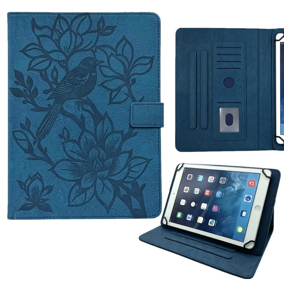 ELEHOLD PU Leather Embossed Floral Pattern Leather Folio Kickstand Case with Card Slots For Universal 8-inch/7-inch Tablet,Dark Blue
