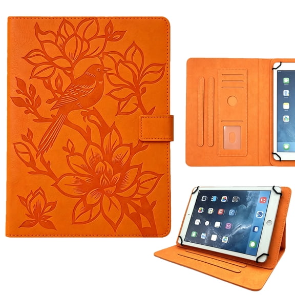ELEHOLD PU Leather Embossed Floral Pattern Leather Folio Kickstand Case with Card Slots For Universal 8-inch/7-inch Tablet,Orange