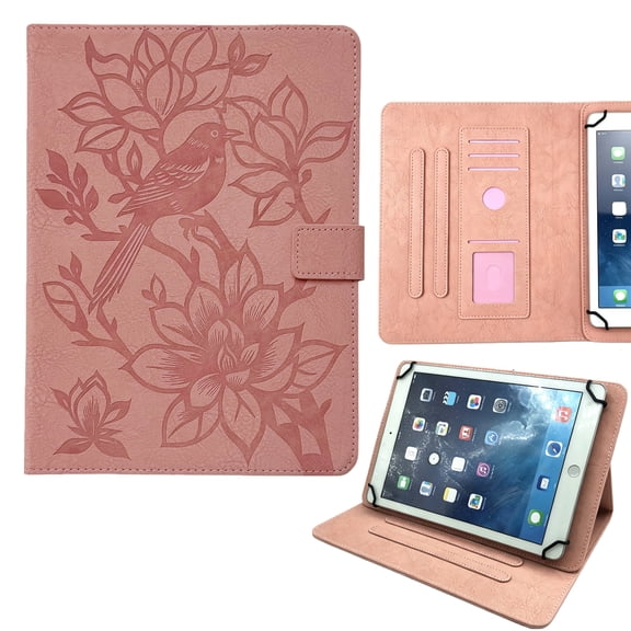 ELEHOLD PU Leather Embossed Floral Pattern Leather Folio Kickstand Case with Card Slots For Universal 8-inch/7-inch Tablet,Pink