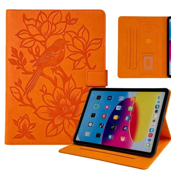 ELEHOLD PU Leather Embossed Floral Pattern Leather Folio Kickstand Case with Card Slots For iPad Pro 11-inch (M5) 2025/(M4) 2024 ,  Orange