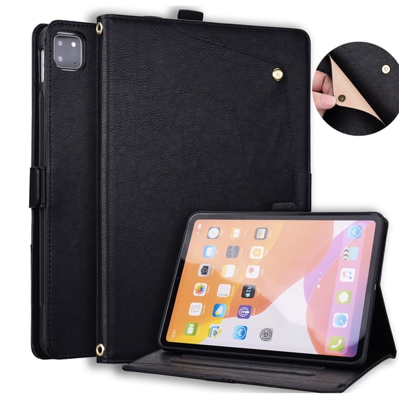 ELEHOLD PU Leather Folio Case for iPad Pro 11" (M5) 2025/(M4) 2024 Business Premium Leather Folio Adjustable Stand Card Slots Cover,Black