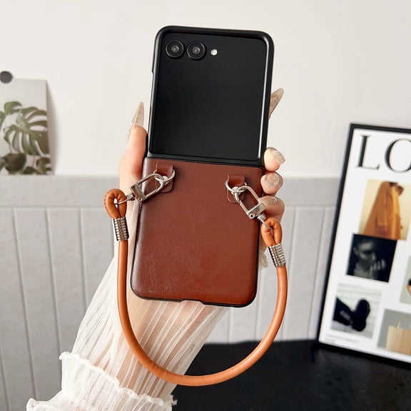 ELEHOLD PU Leather Strap Case for Motorola Razr 2025/2024, Shockproof Hard PC Frame Anti-Scratch Protective Case with Wrist Strap , Brown
