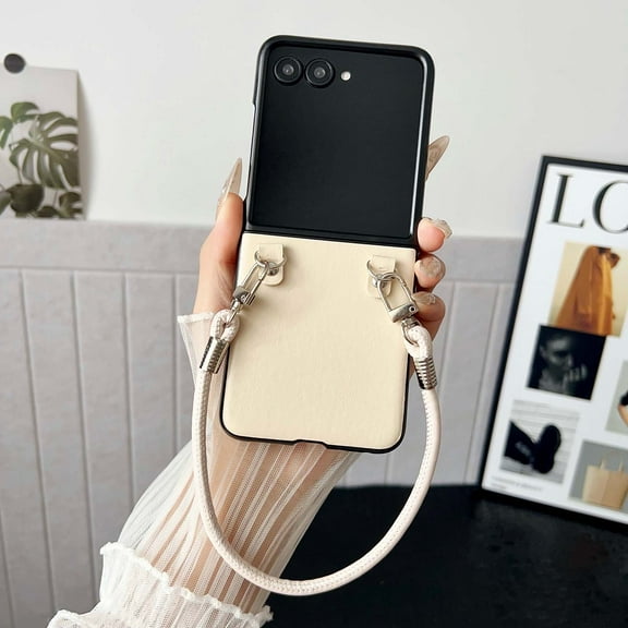 ELEHOLD PU Leather Strap Case for Motorola Razr + 2025/2024, Shockproof Hard PC Frame Anti-Scratch Protective Case with Wrist Strap , White