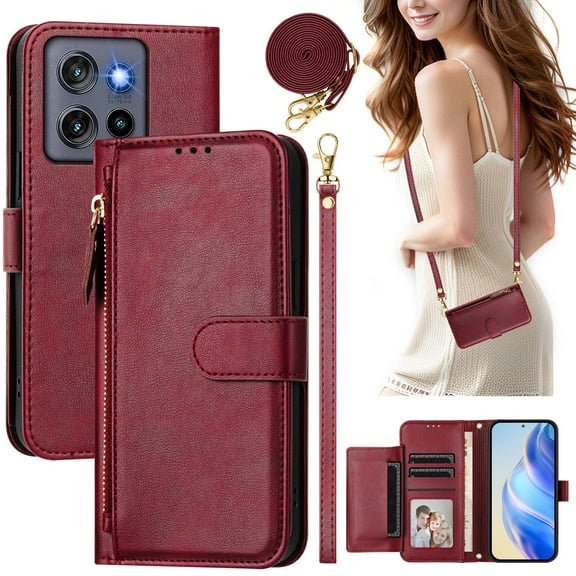 ELEHOLD PU Leather Wallet Phone Case For Motorola Moto G Power (2025) with Zipper Pocket Magnetic Closure Flip Folio 7 Card Slots Shoulder Strap RFID Blocking Shockproof Stand Case Cover,Winered