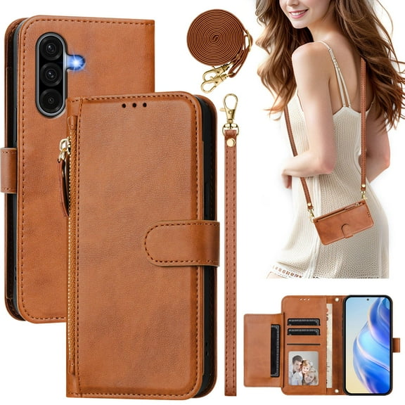 ELEHOLD PU Leather Wallet Phone Case For Samsung Galaxy S25 FE with Zipper Pocket Magnetic Closure Flip Folio 7 Card Slots Shoulder Strap RFID Blocking Shockproof Stand Case Cover,Brown