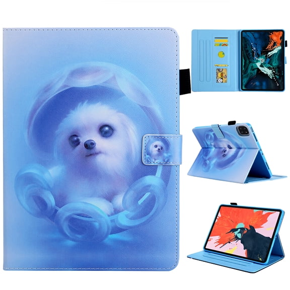 ELEHOLD Pattern Wallet Case for iPad Pro 11 inch 2024,Multi-Angle View Stand Leather Smart Flip Protective Cover with Card Holder & Pencil Loop,Blue Dog