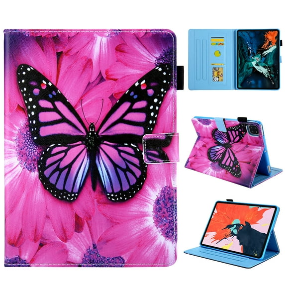 ELEHOLD Pattern Wallet Case for iPad Pro 11 inch 2024,Multi-Angle View Stand Leather Smart Flip Protective Cover with Card Holder & Pencil Loop,Red Butterfly