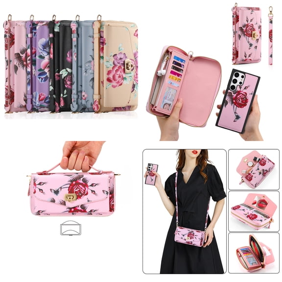 ELEHOLD Phone Bag with Case for Samsung Galaxy Note 20 Ultra Multi-Functional Wallet Case Large Capacity with Card Slots Zipper Purse Wriststrap Adjustable Shoulder Strap Handbag for Women,pink
