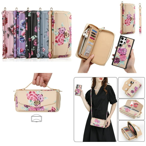 ELEHOLD Phone Bag with Case for Samsung Galaxy S22 Multi-Functional Wallet Case Large Capacity with Card Slots Zipper Purse Wriststrap Adjustable Shoulder Strap Handbag for Women,yellow