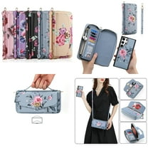 ELEHOLD Phone Bag with Case for Samsung Galaxy S22 Multi-Functional Wallet Case Large Capacity with Card Slots Zipper Purse Wriststrap Adjustable Shoulder Strap Handbag for Women,grey