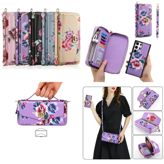 ELEHOLD Phone Bag with Case for Samsung Galaxy S22 Plus Multi-Functional Wallet Case Large Capacity with Card Slots Zipper Purse Wriststrap Adjustable Shoulder Strap Handbag for Women,purple