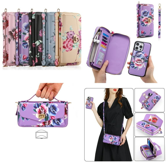 ELEHOLD Phone Bag with Case for iPhone 11 Pro Max Multi-Functional Wallet Case Large Capacity with Card Slots Zipper Purse Wriststrap Adjustable Shoulder Strap Handbag for Women,purple