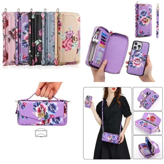 ELEHOLD Phone Bag with Case for iPhone 11 Pro Multi-Functional Wallet Case Large Capacity with Card Slots Zipper Purse Wriststrap Adjustable Shoulder Strap Handbag for Women,purple